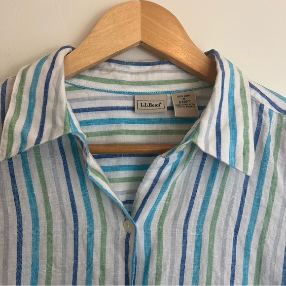 LL Bean Women’s Blue/White/Green Striped 100% Linen Shirt- Sz M Beach Summer - Picture 2 of 5